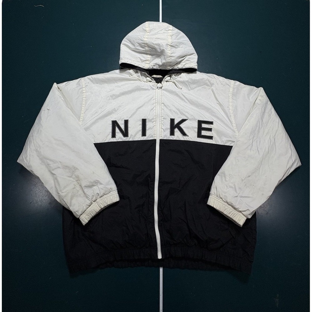Vintage 90s Nike Quilted Puffer Jacket Men's XL White Black Hooded Full Zip